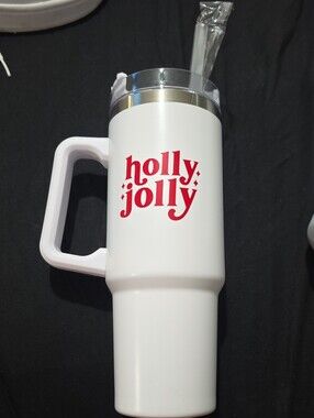 Kohl's White Travel Mug with Red "holly jolly" Graphic